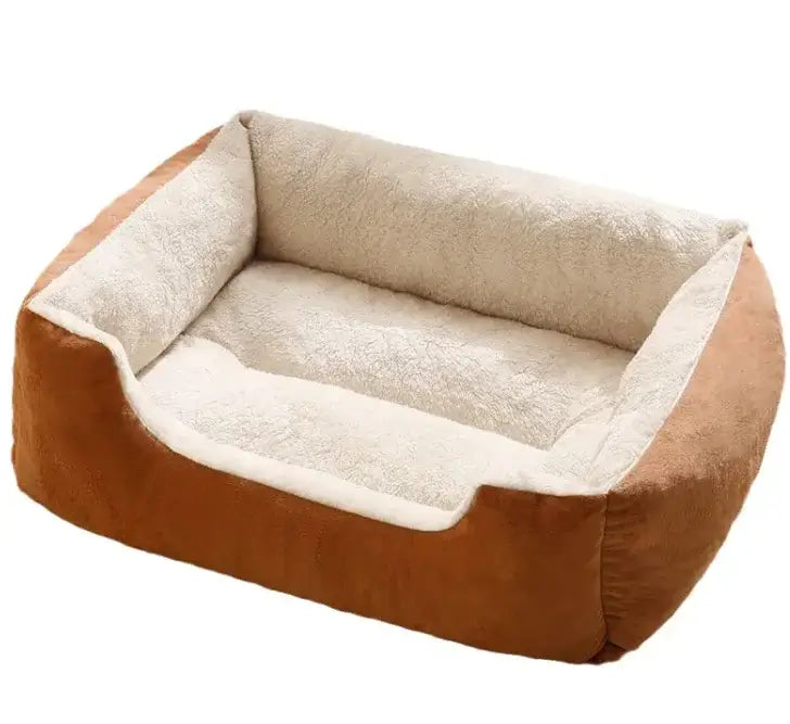 Cozy all-in-one cushioned bed for cats and dogs, featuring soft fabric and a warm design for ultimate pet comfort.